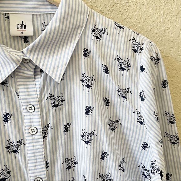 Cabi Whitney Shirt Top Button Stripe Floral Ruffle Casual Chic Blue Medium - Picture 8 of 14